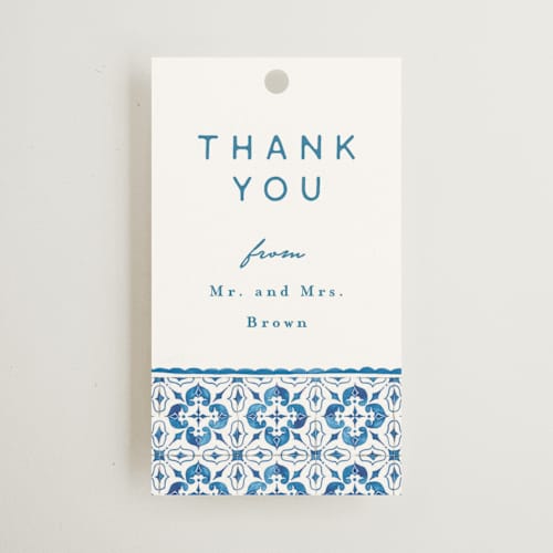 This is a navy wedding favor tags with standard by Anastasia Makarova called watercolor tile printing on signature in tag