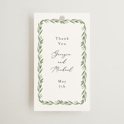 This is a coastal wedding favor tags with standard by Susan Moyal called hydrangea vine printing on signature in tag