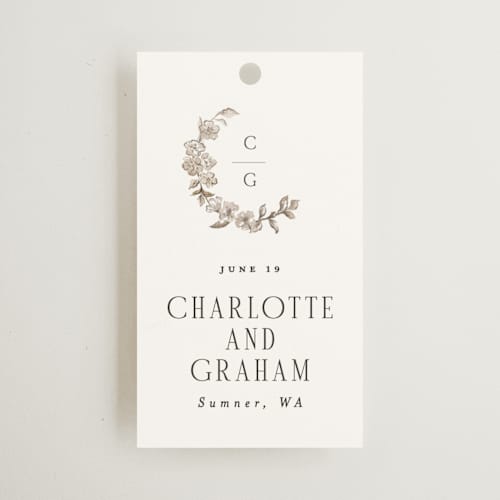 This is a sephia wedding favor tags with standard by Itsy Belle Studio called daphne printing on signature in tag