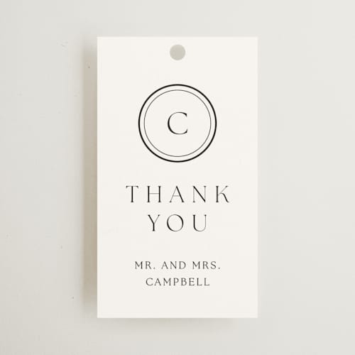 This is a cotton wedding favor tags with standard by Stacey Meacham called circle monogram printing on signature in tag