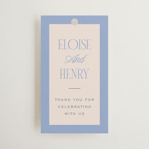 This is a canopy wedding favor tags with standard by Pixel and Hank called threaded printing on signature in tag