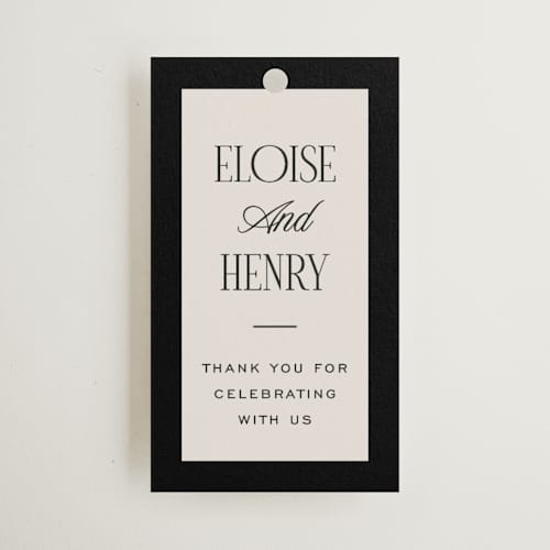 This is a suit wedding favor tags with standard by Pixel and Hank called threaded printing on signature in tag