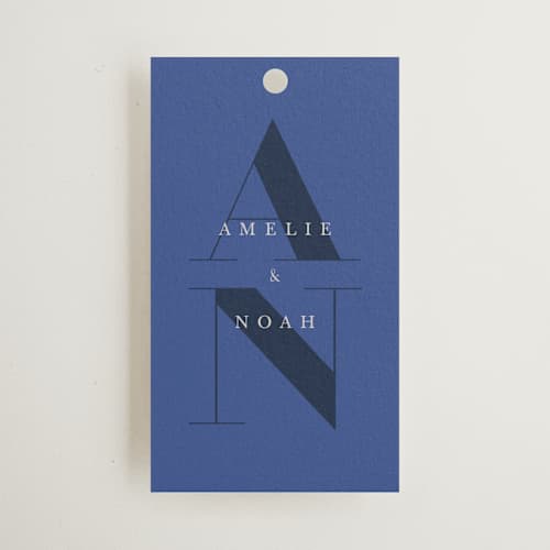 This is a marseille bleu wedding favor tags with standard by Up Up Creative called centro printing on signature in tag