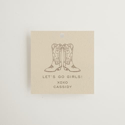 This is a sand wedding favor tags with standard by Cindy Reynolds called boots, beers, and bubbly printing on signature in tag