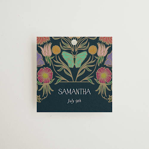 This is a midnight garden gift tags with standard by Simona Camp called gilded tapestry printing on signature in tag