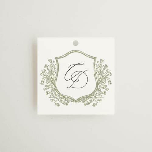 This is a olive gift tags with standard by Erin Deegan called traditional monogram printing on signature in tag