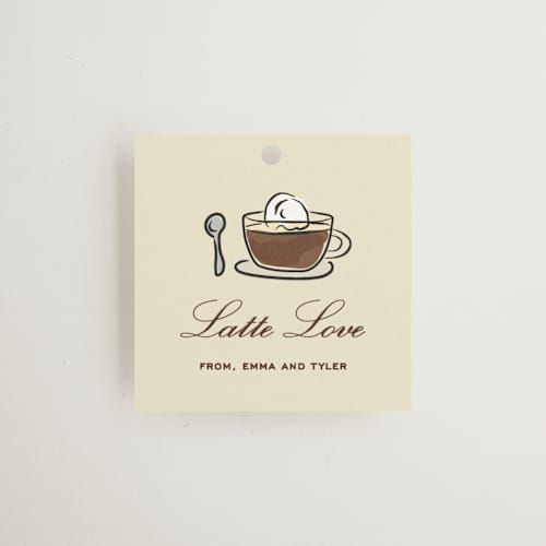 This is a cream gift tags with standard by Jennifer Lew called espresso printing on signature in tag