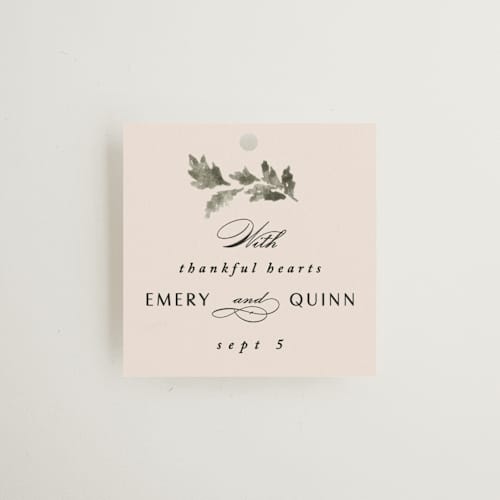 This is a rose quartz wedding favor tags with standard by Kate Ahn called poetique printing on signature in tag