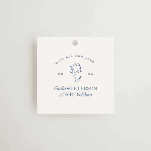 This is a bluebell wedding favor tags with standard by Bramble Studio called bluebell dinner printing on signature in tag