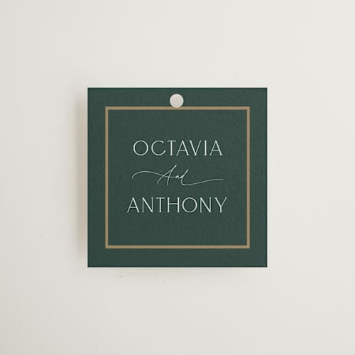 This is a evergreen wedding favor tags with standard by Nicole Walsh called regal printing on signature in tag