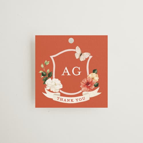 This is a verona sunset wedding favor tags with standard by Sarah Knight called fleur printing on signature in tag