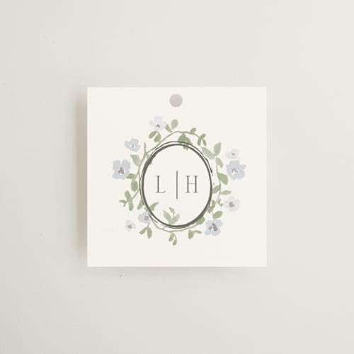 This is a blue bell wedding favor tags with standard by Everett Paper Goods called portico printing on signature in tag