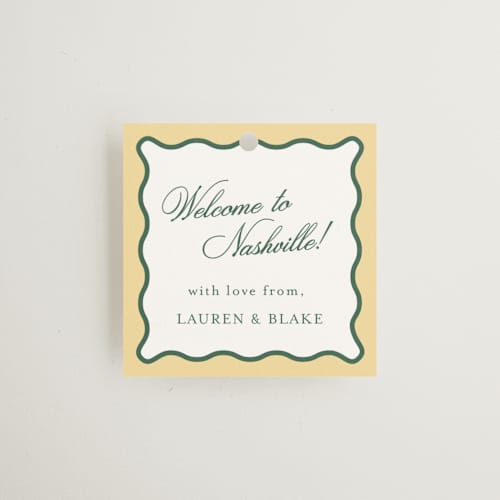 This is a citrine wedding favor tags with standard by Emily Betts called curved frame printing on signature in tag