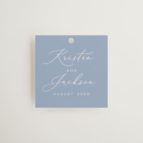 This is a periwinkle wedding favor tags with standard by Hooray Creative called twin border printing on signature in tag