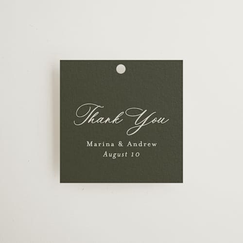 This is a deep olive wedding favor tags with standard by Nicole Walsh called refined printing on signature in tag