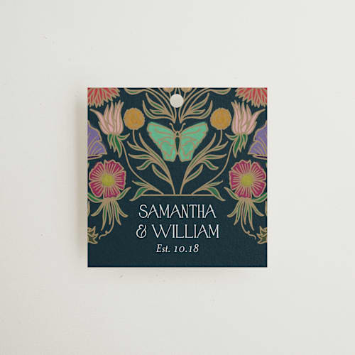 This is a midnight garden wedding favor tags with standard by Simona Camp called gilded tapestry printing on signature in tag