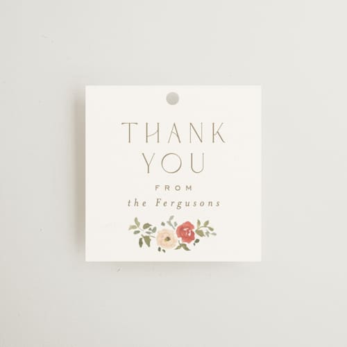 This is a pomegranate wedding favor tags with standard by Everett Paper Goods called roses crest printing on signature in tag