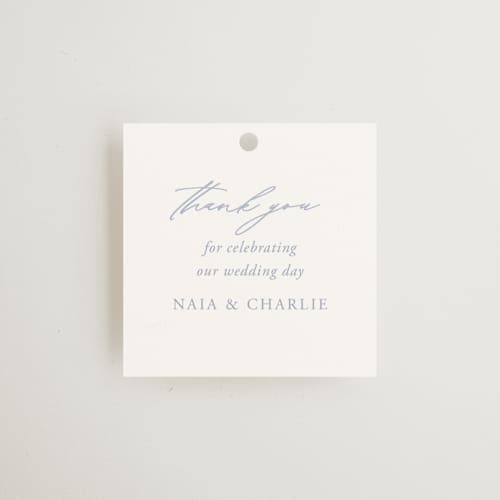 This is a pale cerulean wedding favor tags with standard by Sabrin Deirani called ocean dreams printing on signature in tag