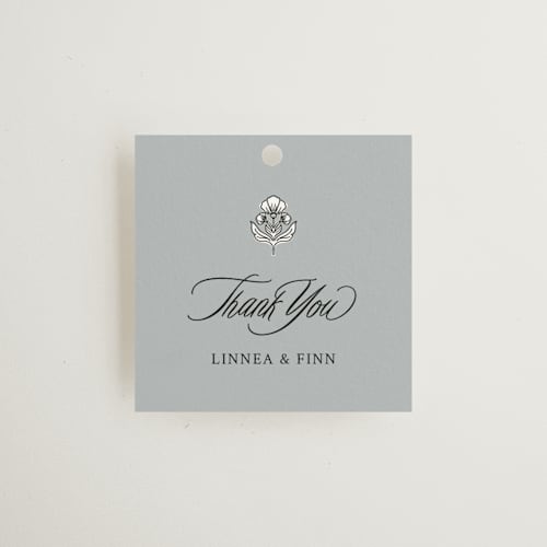 This is a linen wedding favor tags with standard by Cindy Reynolds called sophistique printing on signature in tag
