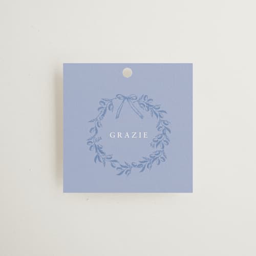 This is a blue mist wedding favor tags with standard by Design Lotus called amalfi blue printing on signature in tag