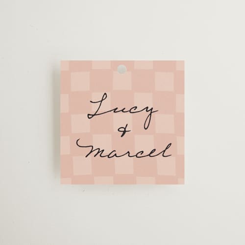 This is a blush wedding favor tags with standard by Ani Somi called ballpoint suite printing on signature in tag