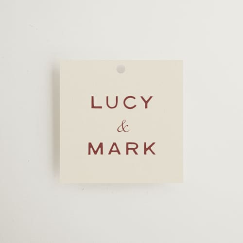 This is a rust wedding favor tags with standard by Ani Somi called rose ink printing on signature in tag