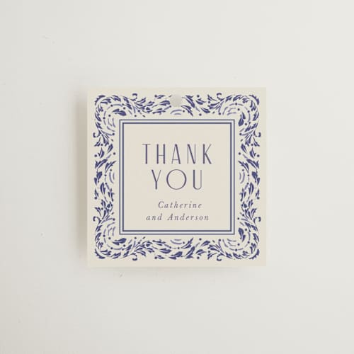This is a dynasty blue wedding favor tags with standard by Ana de Sousa called tiled romance printing on signature in tag
