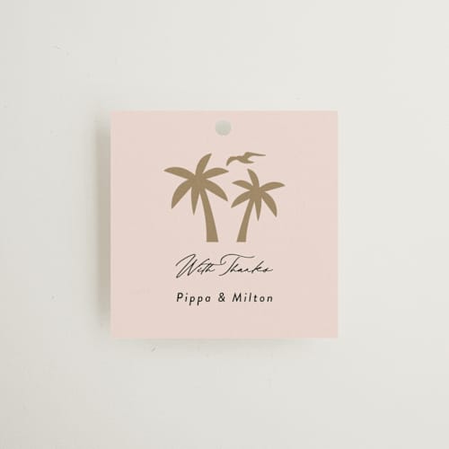 This is a blush wedding favor tags with standard by Laura Hamm called tropical getaway printing on signature in tag