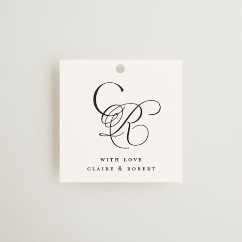 This is a silk wedding favor tags with standard by Kelly Schmidt called monogram script printing on signature in tag