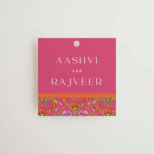 This is a fuchsia wedding favor tags with standard by Pati Cascino called varna printing on signature in tag