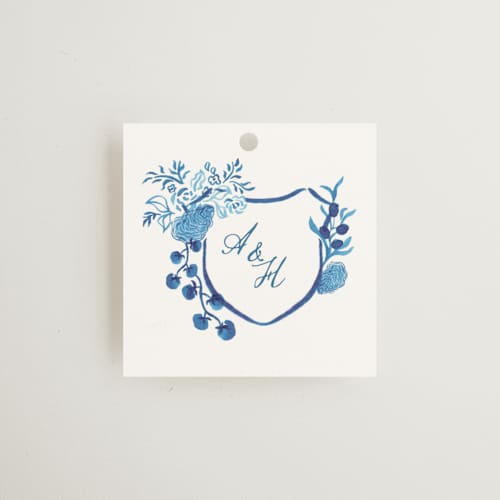 This is a cerulean wedding favor tags with standard by Tamara Hilje called positano printing on signature in tag