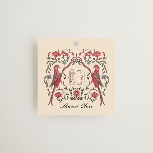 This is a almond wedding favor tags with standard by Jenna Holcomb called tapestry printing on signature in tag