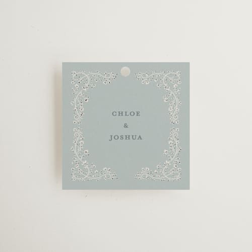 This is a something blue wedding favor tags with standard by Gwen Bedat called floral romance printing on signature in tag
