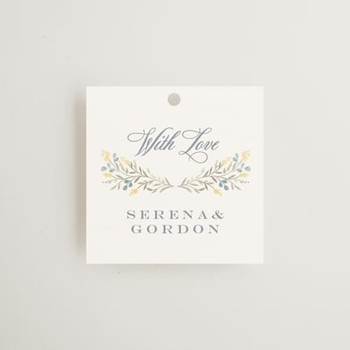 This is a spring wedding favor tags with standard by Petra Kern called monogrammed printing on signature in tag