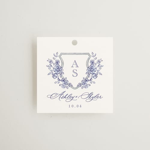This is a dusty blue wedding favor tags with standard by Cass Loh called watercolor flowers crest printing on signature in tag
