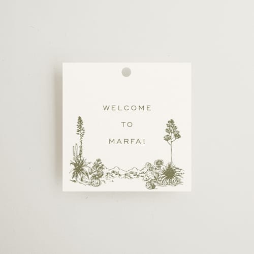 This is a verde wedding favor tags with standard by Megan Davis called rancho printing on signature in tag