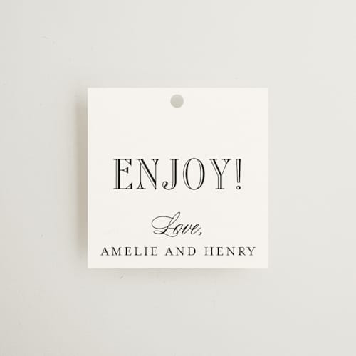 This is a tuxedo wedding favor tags with standard by Megan Davis called hepburn printing on signature in tag