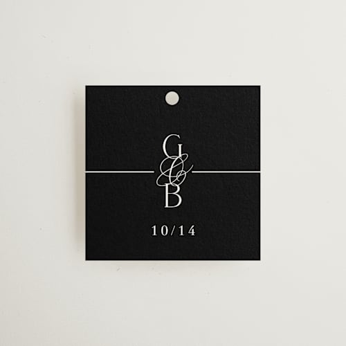 This is a caviar wedding favor tags with standard by Olivia Raufman called grand scale printing on signature in tag
