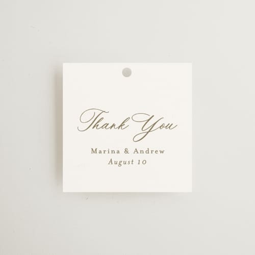 This is a deep olive wedding favor tags with standard by Nicole Walsh called refined printing on signature in tag