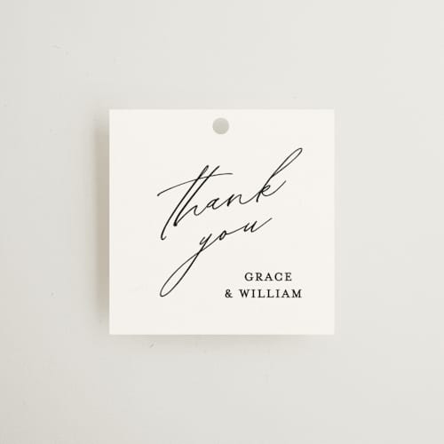 This is a cotton wedding favor tags with standard by Angela Thompson called delicate script printing on signature in tag