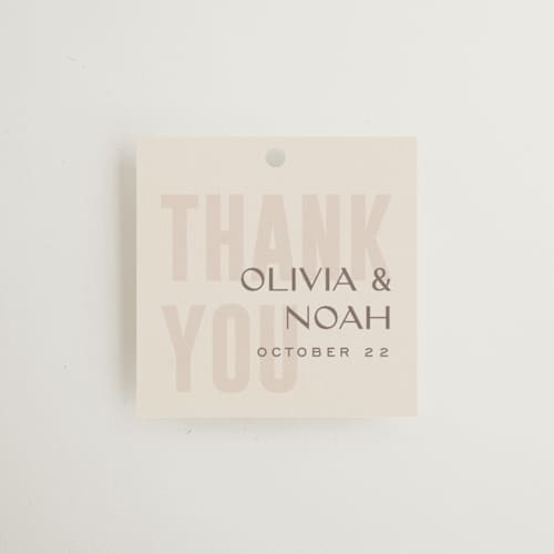 This is a blush wedding favor tags with standard by Pixel and Hank called salted printing on signature in tag
