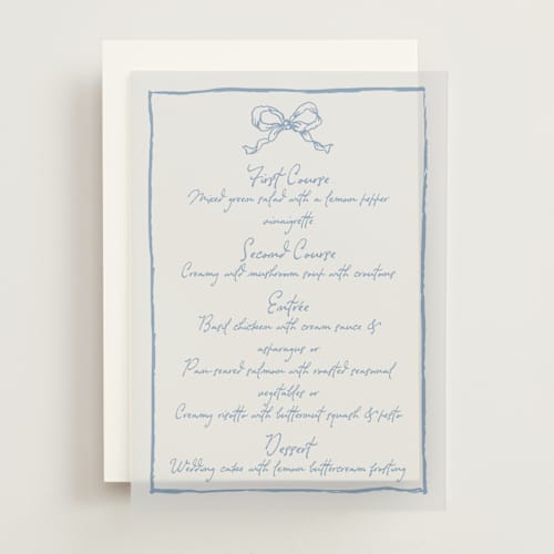 This is a canopy menu cards with standard by Cass Loh called ribbon bow drawing printing on translucent vellum in overlay