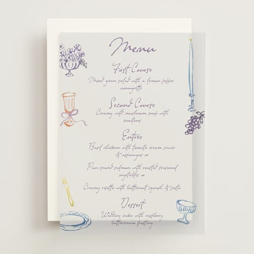 This is a hydrangea menu cards with standard by Cass Loh called tablescape drawing printing on translucent vellum in overlay