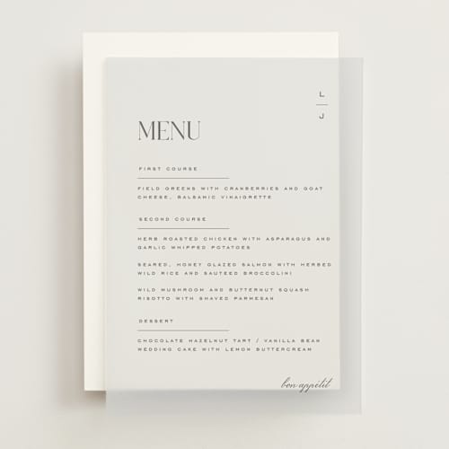 This is a charcoal menu cards with standard by Heather Cairl called clarity printing on translucent vellum in overlay