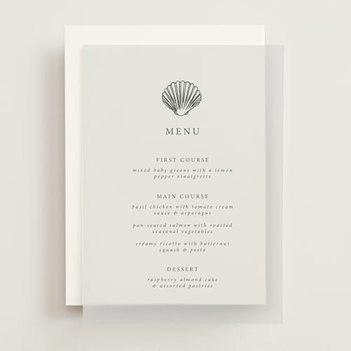 This is a midnight menu cards with standard by Hannah Bowman called simple seashell printing on translucent vellum in overlay