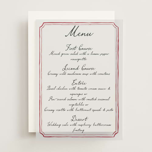 This is a wine menu cards with standard by Cass Loh called handwritten printing on translucent vellum in overlay