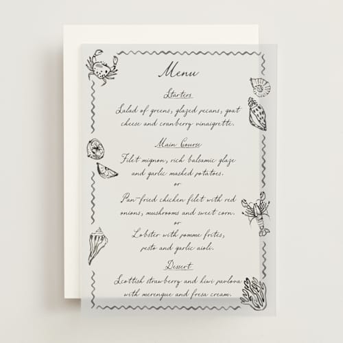 This is a rock menu cards with standard by Pati Cascino called puglia printing on translucent vellum in overlay