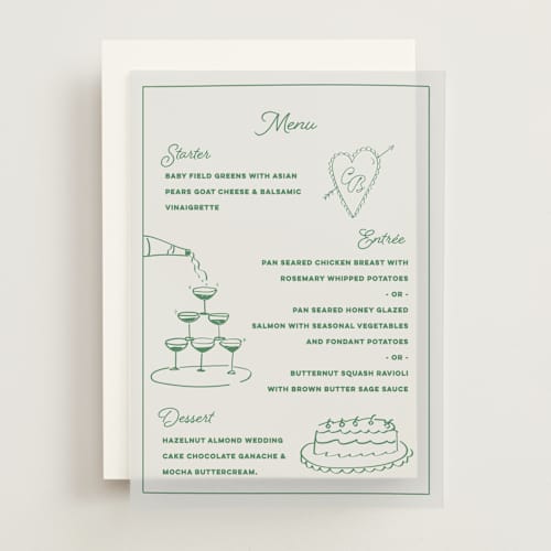 This is a avocado menu cards with standard by Helena Vitto called crazy little thing called love printing on translucent vellum in overlay