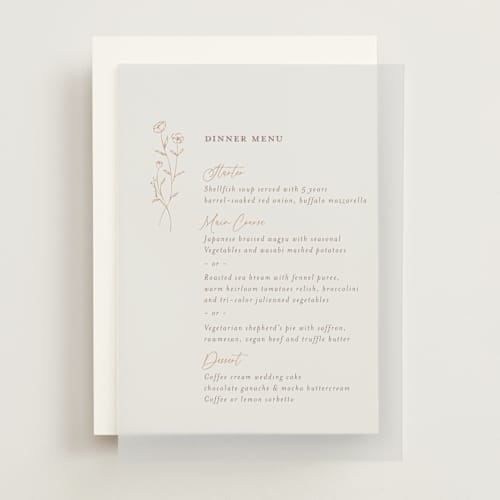 This is a sand menu cards with standard by chocomocacino called kouignette printing on translucent vellum in overlay
