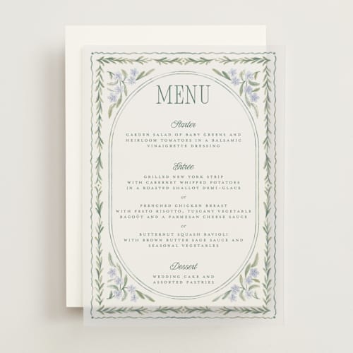 This is a wisteria menu cards with standard by Jenna Holcomb called vintage sketched printing on translucent vellum in overlay